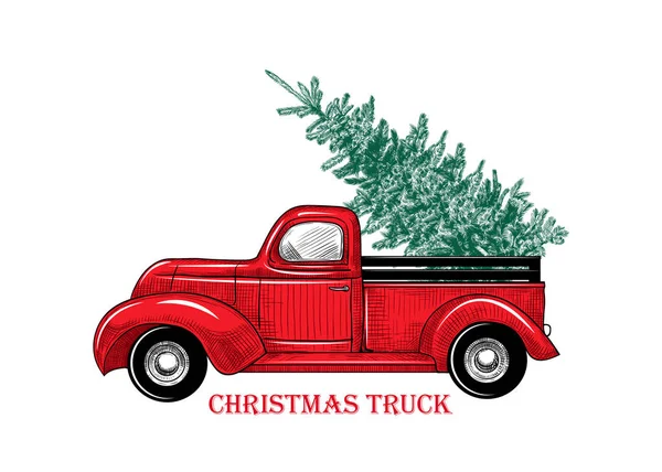 Camião Natal Vintage Vetor Ilustração Caminhão Vermelho Natal Com Uma — Vetor de Stock