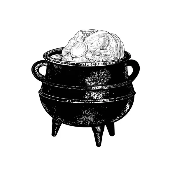 Большой Чугунный Котел Капустой Процесс Приготовления Пищи Векторная Иллюстрация Эскиз — стоковый вектор