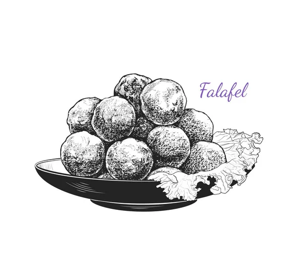 Sketch Falafel Falafel Balls Bowl Tomato Separate Balls Leaf Lettuce — Stock Vector