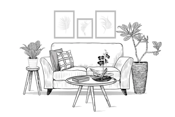 Living Room Sofa Cushions Exotic Indoor Plants Coffee Table Books — ストックベクタ