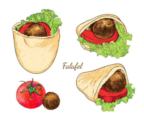 Pita Falafel Vegetables Set Various Sketches Falafel Pita Color Vector — Stock Vector