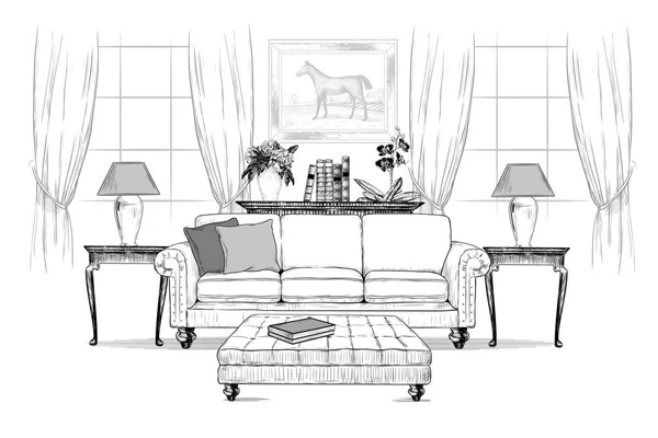 Salle Séjour Canapé Avec Coussins Table Basse Pouf Doux Avec — Image vectorielle