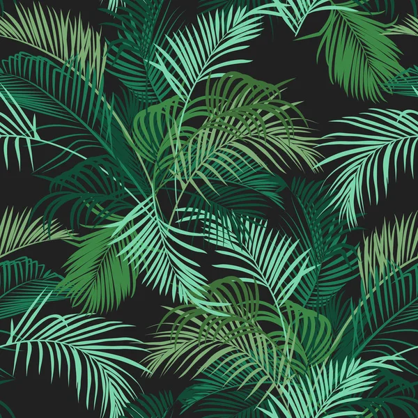 Бесшовный Узор Красочными Пальмовыми Листьями Черном Фоне Векторная Иллюстрация Тропических — стоковый вектор