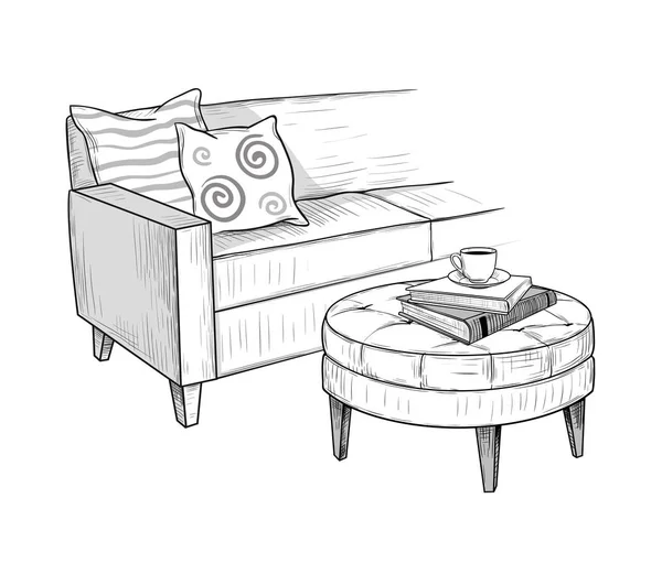 家具付きのリビングルームコーナー クッション付きのソファ 本とコーヒーカップ付きの柔らかいオスマンコーヒーテーブル 手描きベクトルモノクロイラスト — ストックベクタ