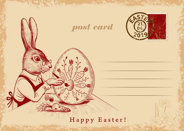 Easter Holiday Postcard Vintage Style Cute Easter Bunny Paints Easter — 스톡 벡터