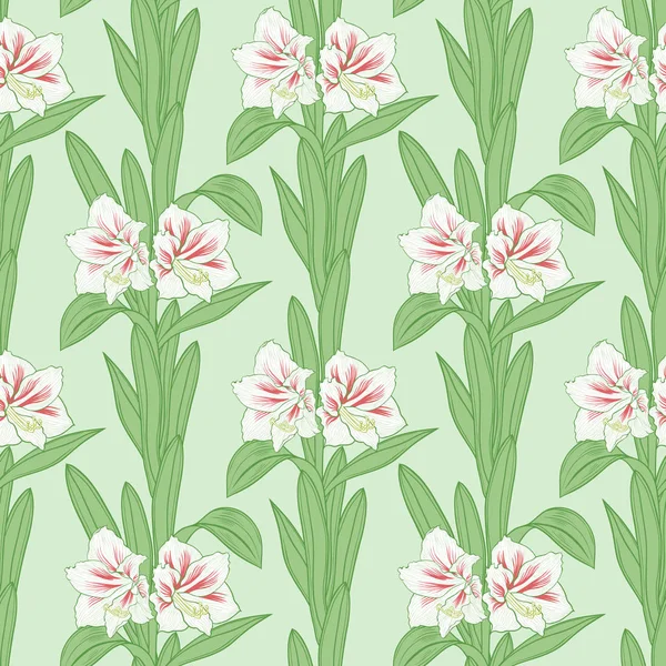 Blooming Amaryllis Light Green Background Vector Hand Drawn Floral Seamless — 스톡 벡터