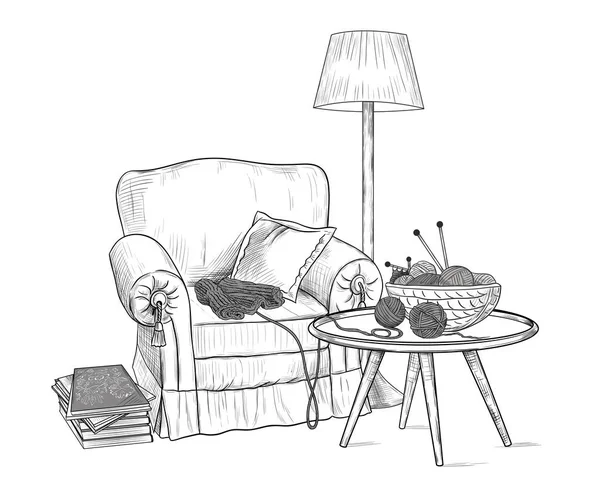 有家具的房间 舒适的扶手椅和落地灯 有针织线的圆桌 书籍和杂志 编织工的工作场所 手绘矢量图解 — 图库矢量图片