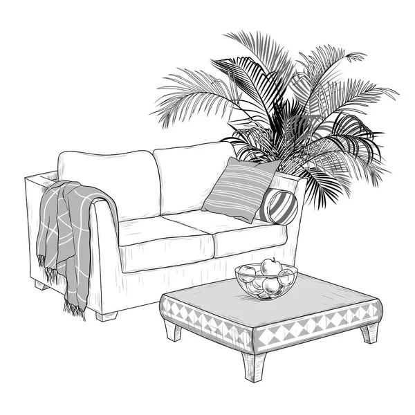 房间里有家具 沙发里有枕头和毛毯 背景里有棕榈树 咖啡桌上有透明的花瓶和水果 内部草图 手绘矢量图解 — 图库矢量图片