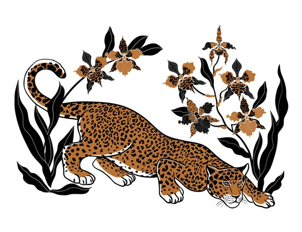 Den Stjälkande Jaguaren Bland Orkidéblommorna Handritad Vektor Illustration Isolerad Ritning — Stock vektor