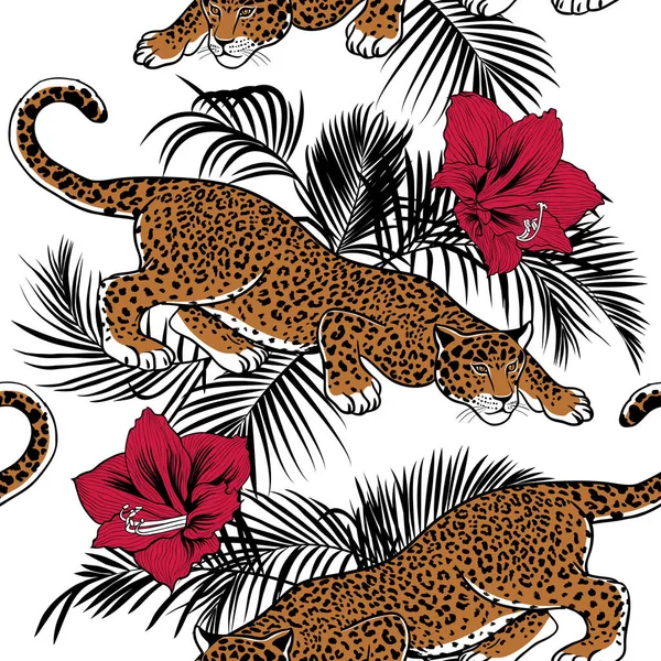 Den Stalking Jaguar Palmblad Och Amaryllis Blommor Exotisk Vektor Sömlös — Stock vektor