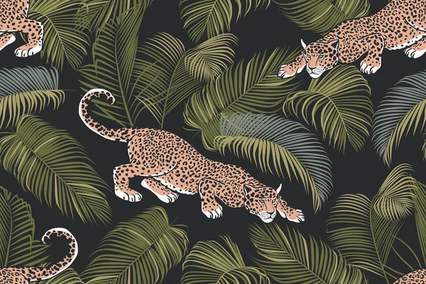 The stalking wild jaguar and palm leaves.
