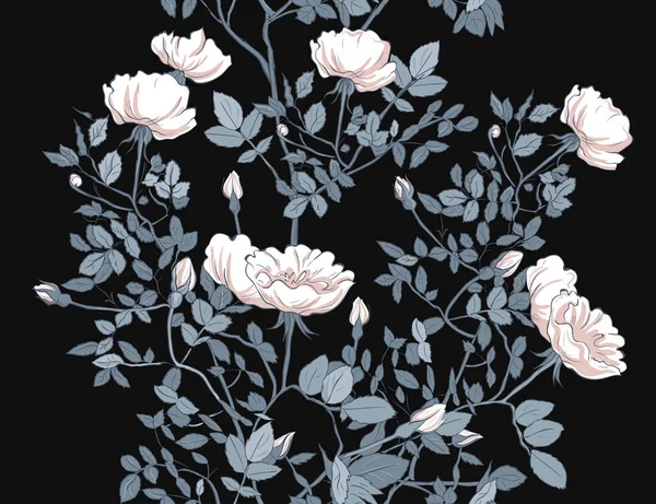 Цвіте Трояндовий Кущ Рука Намальована Векторним Безшовним Візерунком Розкішними Білими — стоковий вектор