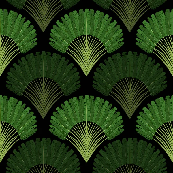 Ravenala Madagascariensis Bezešvé Vzorem Ročník Textury Vějířovým Listím Černém Pozadí — Stockový vektor