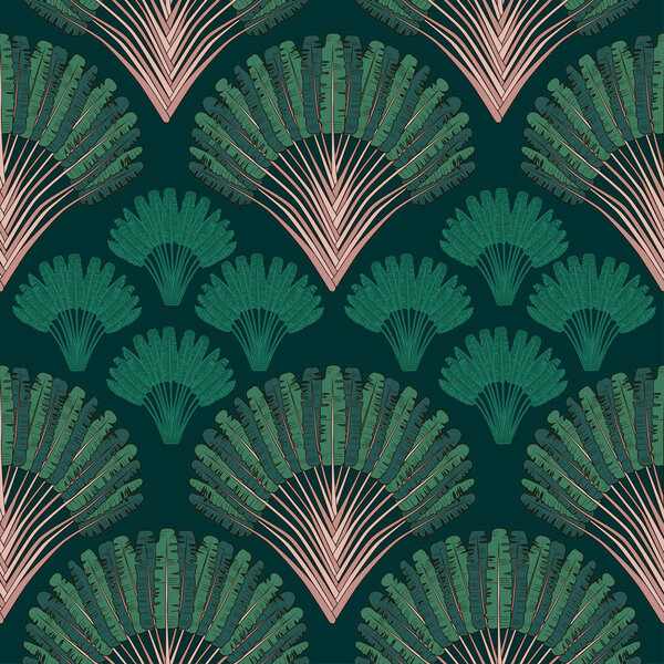 Ravenala madagascariensis seamless pattern.Vintage texture with fan foliage on a dark background. Hand drawn vector illustration with an exotic giant palm tree.