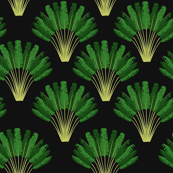 Ravenala Madagascariensis Seamless Pattern Vintage Texture Fan Foliage Black Background — стоковый вектор