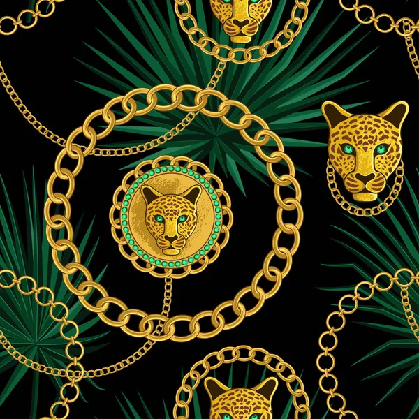 Золотые Цепи Кулоны Головой Леопарда Фоне Тропических Пальмовых Листьев Векторный — стоковый вектор