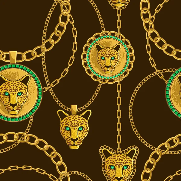 Gold Chains Pendants Leopard Head Brown Background Seamless Baroque Vector — 图库矢量图片