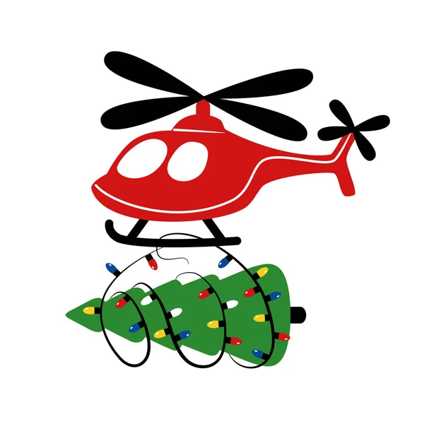 Petit Hélicoptère Rouge Avec Sapin Noël Une Guirlande Ampoules Livraison — Image vectorielle