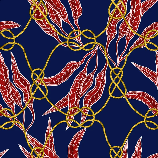 Noeuds Marins Cordes Algues Modèle Vectoriel Sans Couture Illustration Dessinée — Image vectorielle