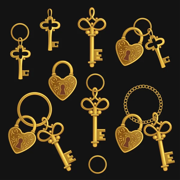 Set Various Golden Keys Locks Love Vector Illustration Vintage Wedding — Stock Vector