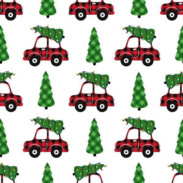 Buffalo Plaid Coche Navidad Árboles Navidad Patrón Festivo Sin Costuras — Archivo Imágenes Vectoriales