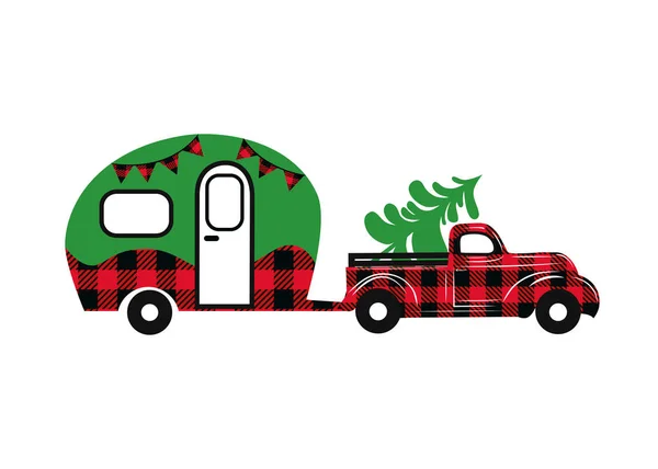 Buffalo Kockás Karácsonyi Kocsi Lakókocsival Vektor Illusztráció Vidéki Karácsonyi Stílus — Stock Vector