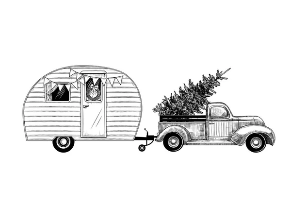 Kerst Truck Met Een Camper Vintage Vector Illustratie Gegraveerde Designelementen — Stockvector