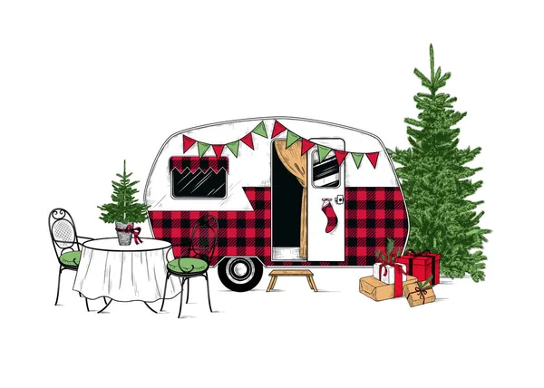 Buffalo Plaid Camper Natale Illustrazione Vettoriale Vintage Elemento Design Inciso — Vettoriale Stock