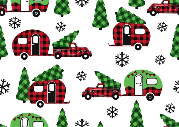 Buffalo Plaid Transporte Natal Caminhão Vermelho Campista Padrão Sem Emenda — Vetor de Stock