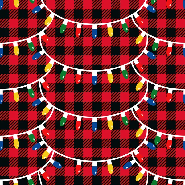 Guirnalda Con Bulbos Multicolores Fondo Cuadros Buffalo Textura Luces Navidad — Archivo Imágenes Vectoriales