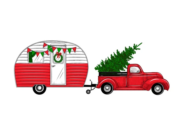 Camião Natal Com Campista Cor Ilustração Vintage Elementos Design Gravados — Vetor de Stock