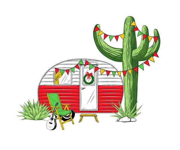 Karácsonyi Kempingező Különböző Kaktuszok Zászlós Koszorúk Egy Karosszék Gitárral Ünnepi — Stock Vector