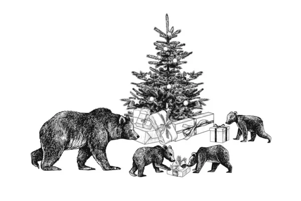 Árbol Navidad Con Juguetes Variedad Regalos She Bear Con Sus — Vector de stock