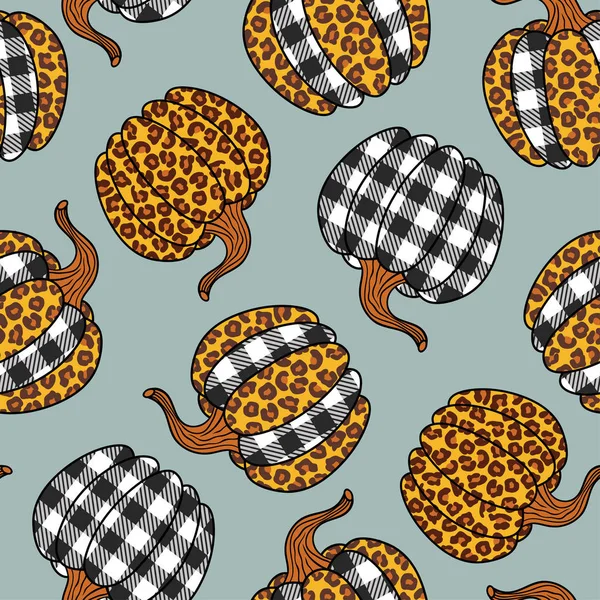 Leopard Plaid Pumpkin Seamless Pattern Farmhouse Decor Vector Illustration — Stock Vector