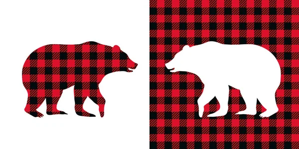 Bear Buffel Rutig Inställd Vektor Illustration Skog Djur Skogshuggare Clipart — Stock vektor
