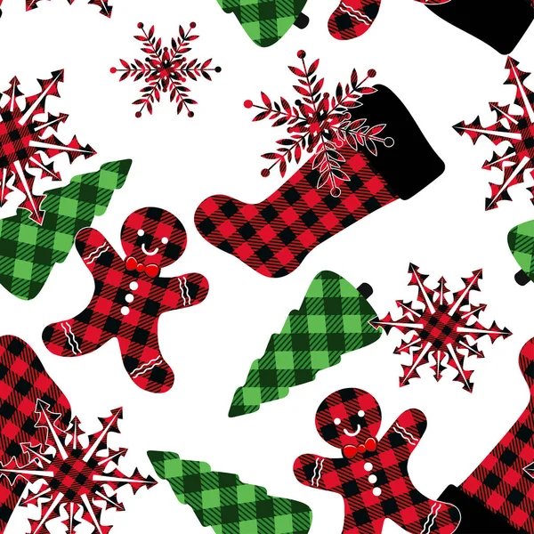 水牛城格子圣诞无缝图案 检查了圣诞袜 姜饼人和白色背景的圣诞树 节日矢量图解 — 图库矢量图片