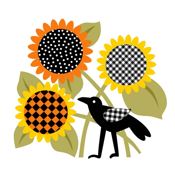 Sunflowers Different Textures Crow Vector Illustration Applique Template — Stock Vector