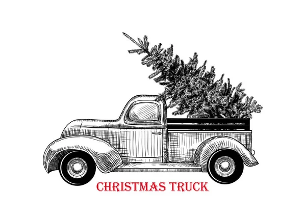 Christmas Truck Vector Vintage Illustration Christmas Truck Christmas Tree White Stock Vector