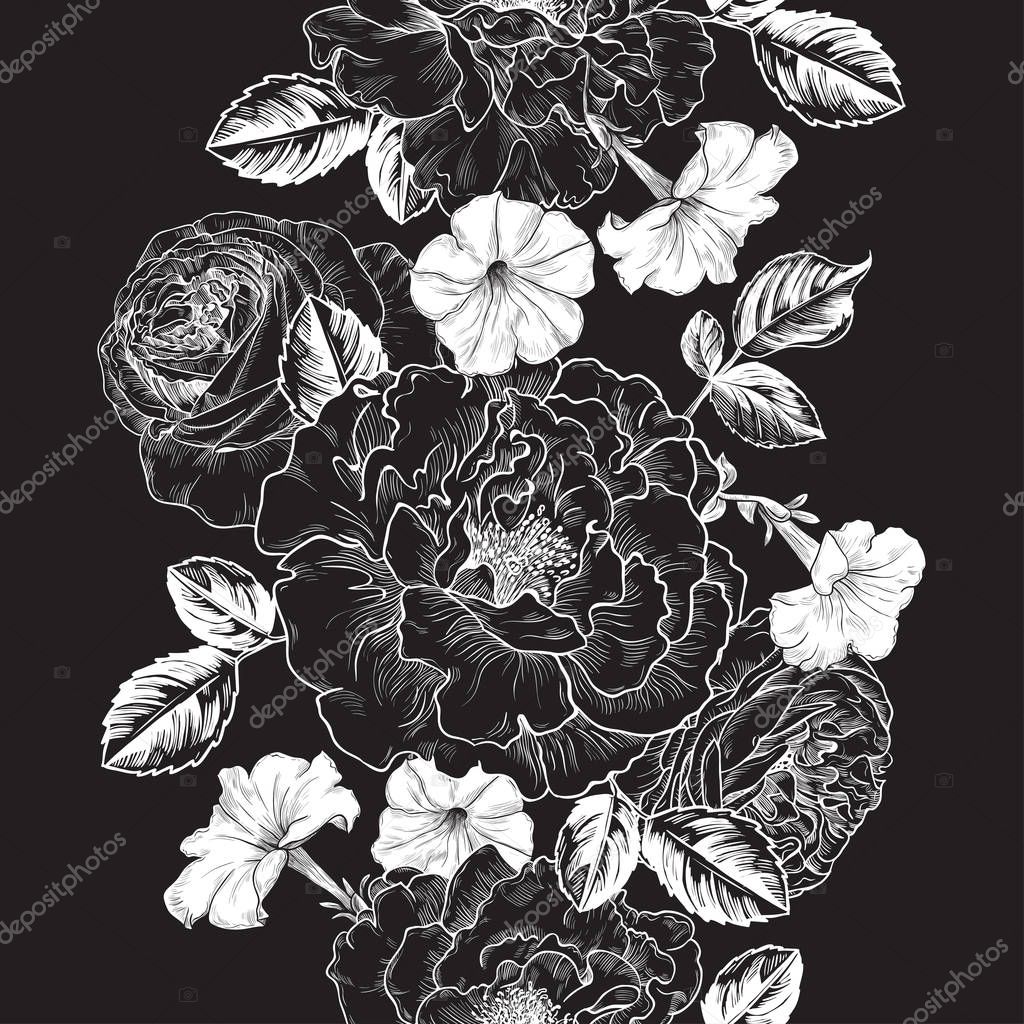 Roses and petunias.Vector seamless floral pattern in black and white tones