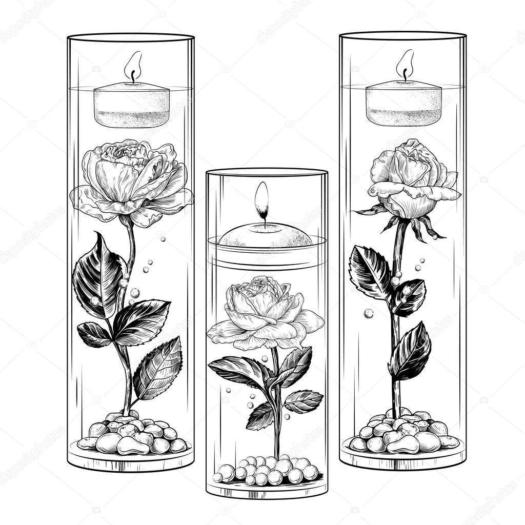 A hand-drawn collection of floating candles in glass vases and  flasks with live roses, artificial pearls and sea pebbles. Vector drawings in sketch style. Black and white composition on a white background.