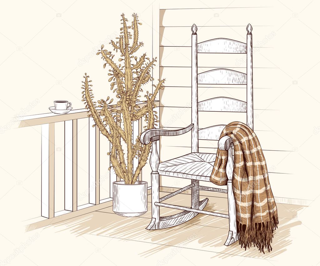 Interior sketch of the hallway. Door, umbrellas on the stand, clothes on a hanger, shoes and cactus in a pot. Hand-drawn vector illustration in vintage style.