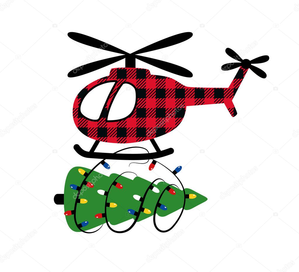 Small red helicopter with a Christmas tree and a garland of light bulbs. Festive Christmas delivery. Vector illustration.Cartoon style.