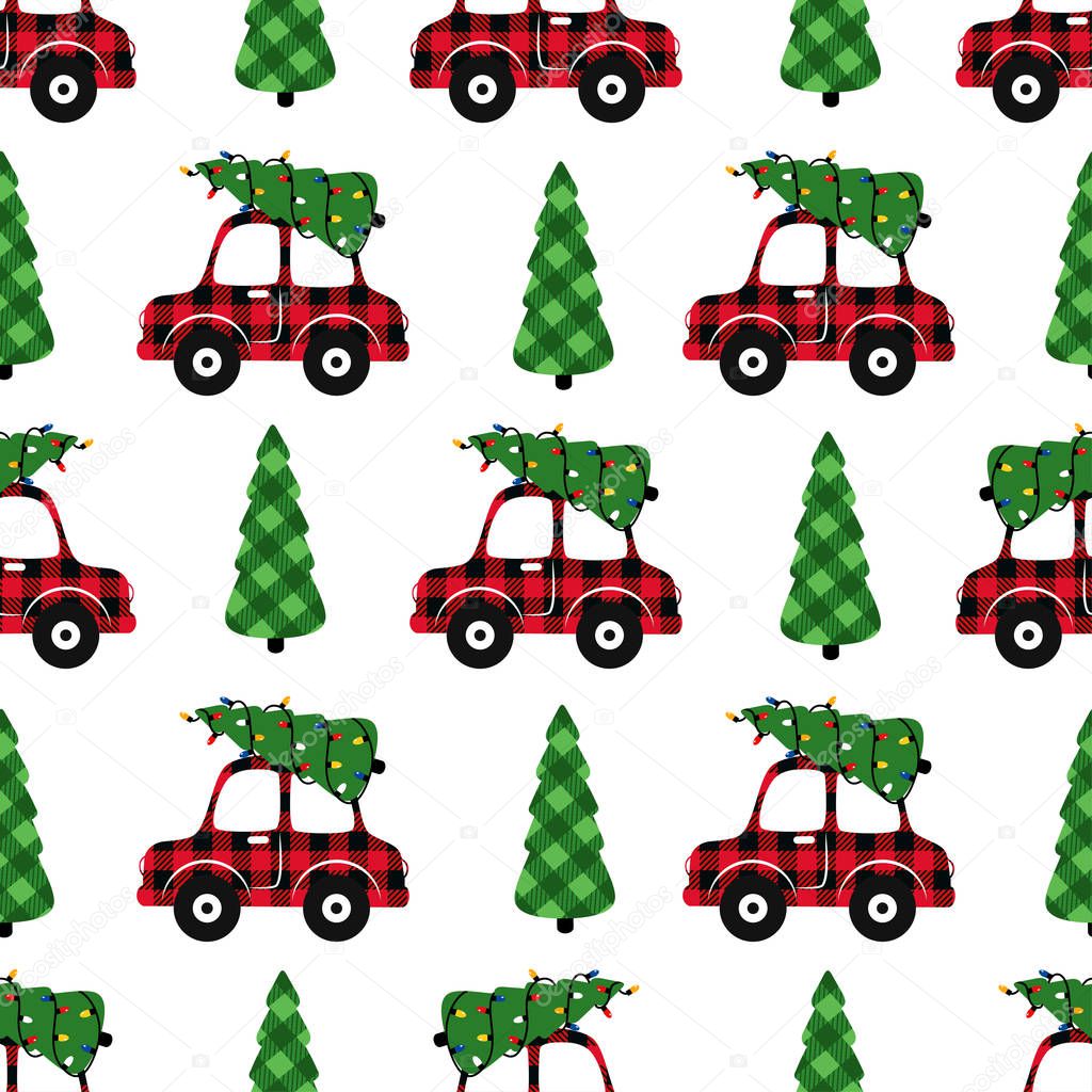 Buffalo Plaid Christmas car and Christmas trees. Festive seamless pattern on a white background. Vector illustration. Country style. 