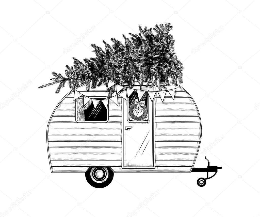 Christmas camper. Vintage vector illustration.  Engraved design elements on a white background.  Christmas style. Retro card. 