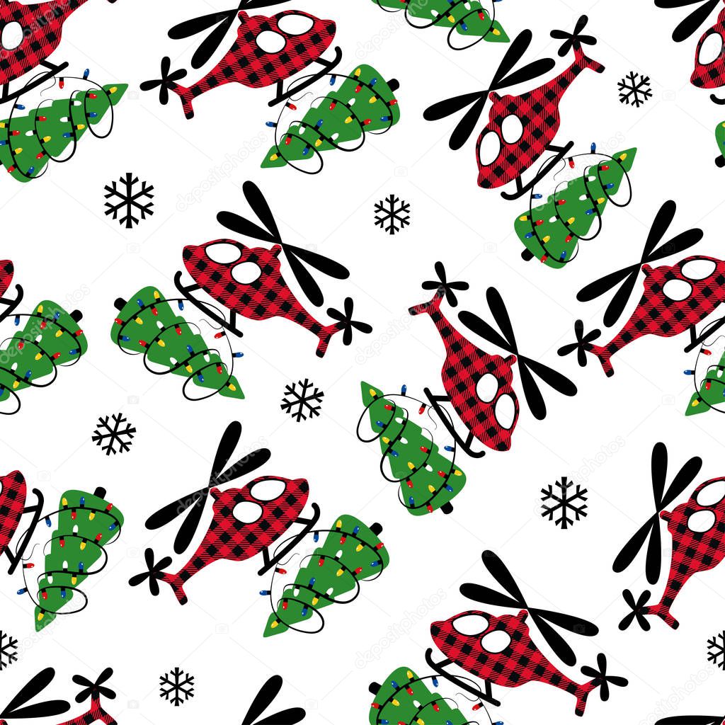  Buffalo plaid Christmas helicopter with Christmas tree. Festive seamless pattern on a white background. Vector illustration. 