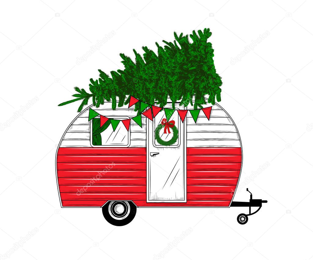 Christmas camper. Vintage vector illustration.  Engraved design elements on a white background.  Christmas style. Color retro card.
