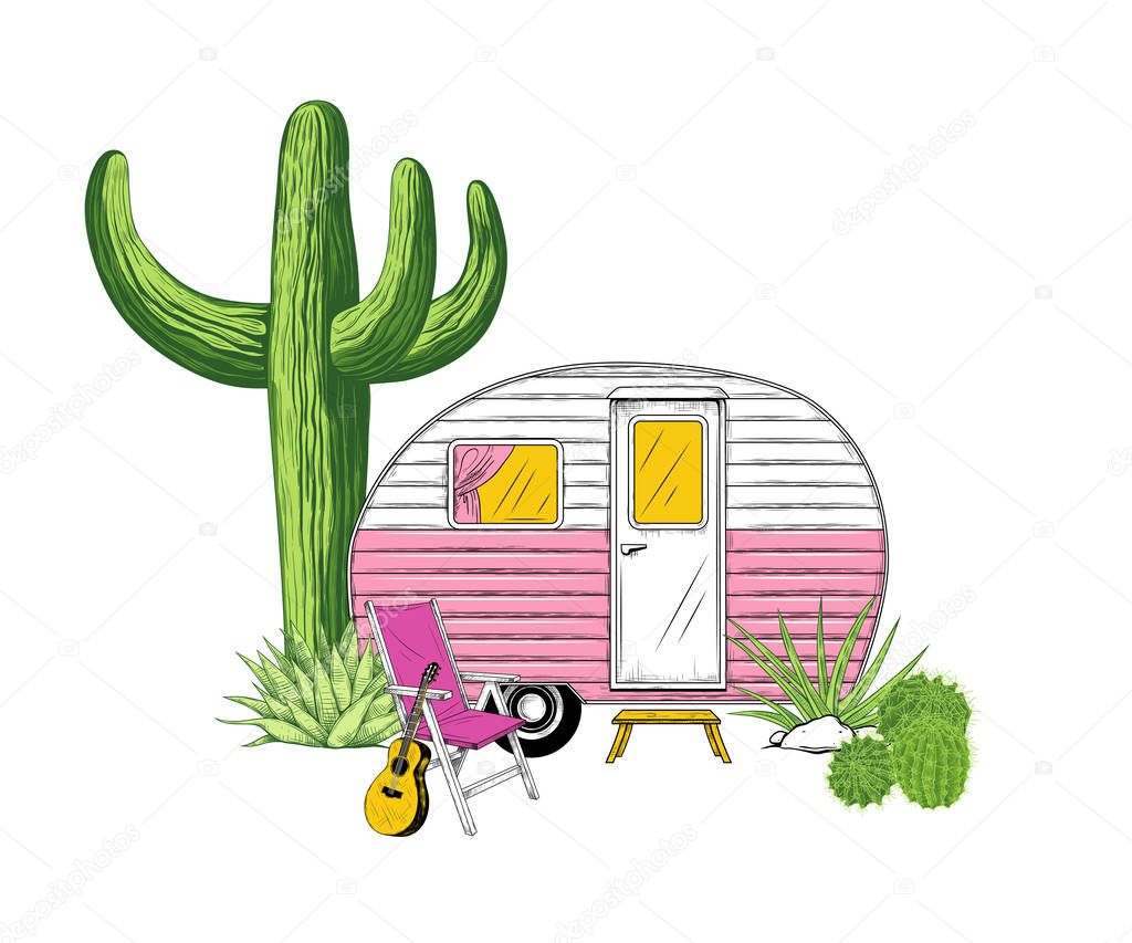 Camper, various cacti and a armchair with a guitar. Vector illustration in vintage style. Travel trailer on a background of exotic nature.