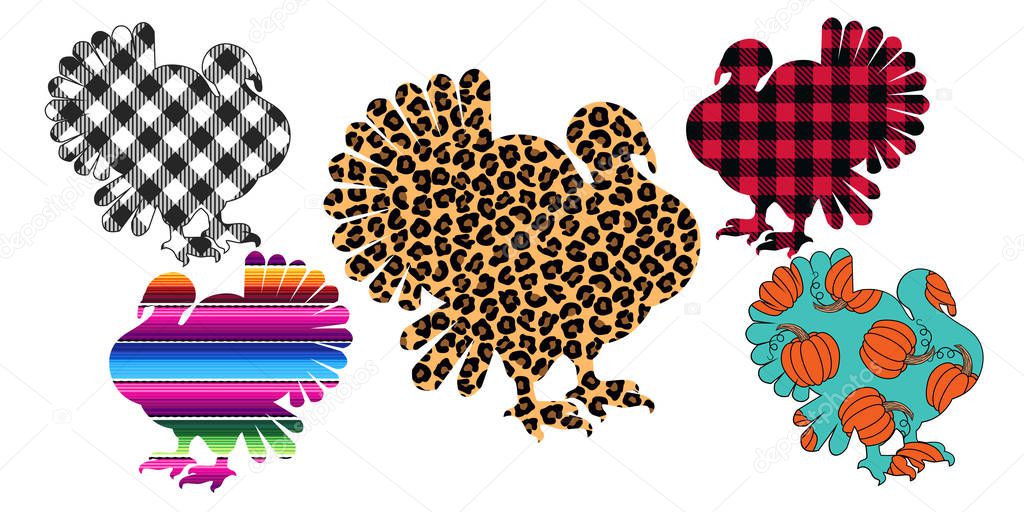     Silhouettes collection of turkeys. Leopard, buffalo plaid, stripes serape and pumpkin pattern .Happy Thanksgiving . Harvest season. Vector illustration. Clip Art.