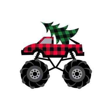  Buffalo Plaid Christmas Monster Truck. Isolated design element on a white background. Vector illustration.