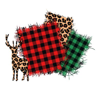 Geyikli soyut çerçeve. Bufalo ekose, müzik sayfası ve leopar deseni. Noel partisi dekorasyonu. Mesaj için yer. Vektör illüstrasyonu.
